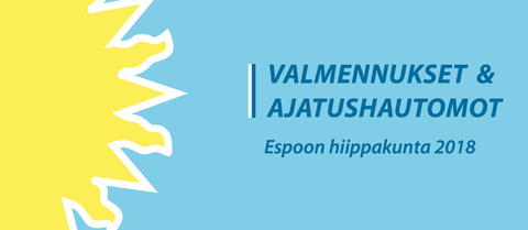 Ajatushautomot logo. Vaaleansinisellä pohjalla keltainen aurinkokuvio ja teksti Valmennukset ja ajatushautomot