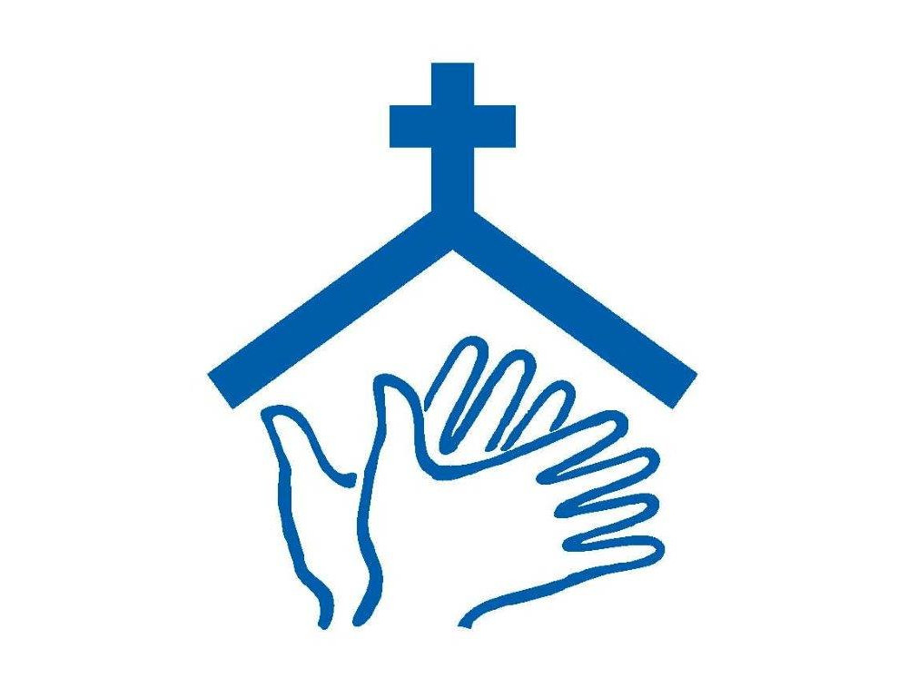Kuurojen kirkon logo, viittovat kädet kirkon harjakaton ja ristin alla