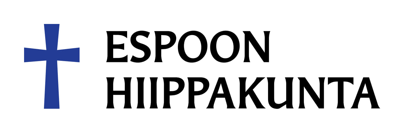 Espoon hiippakunnan logo, sininen risti ja teksti "Espoon hiippakunta" mustalla värillä